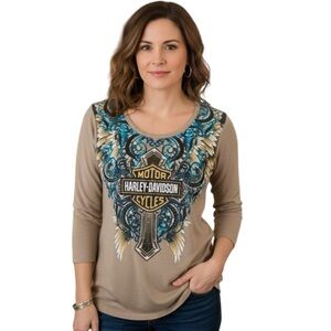 Harley-Davidson 2X Boho Winged Cross Graphic Tee - Earth Tone 3/4 Sleeve Shirt
V